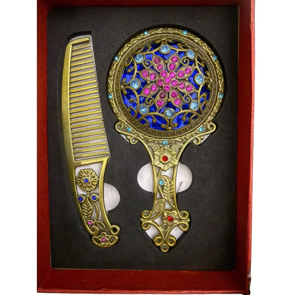 Unique Vintage-Style Jewel Encrusted Hand Makeup Mirror and Comb Set